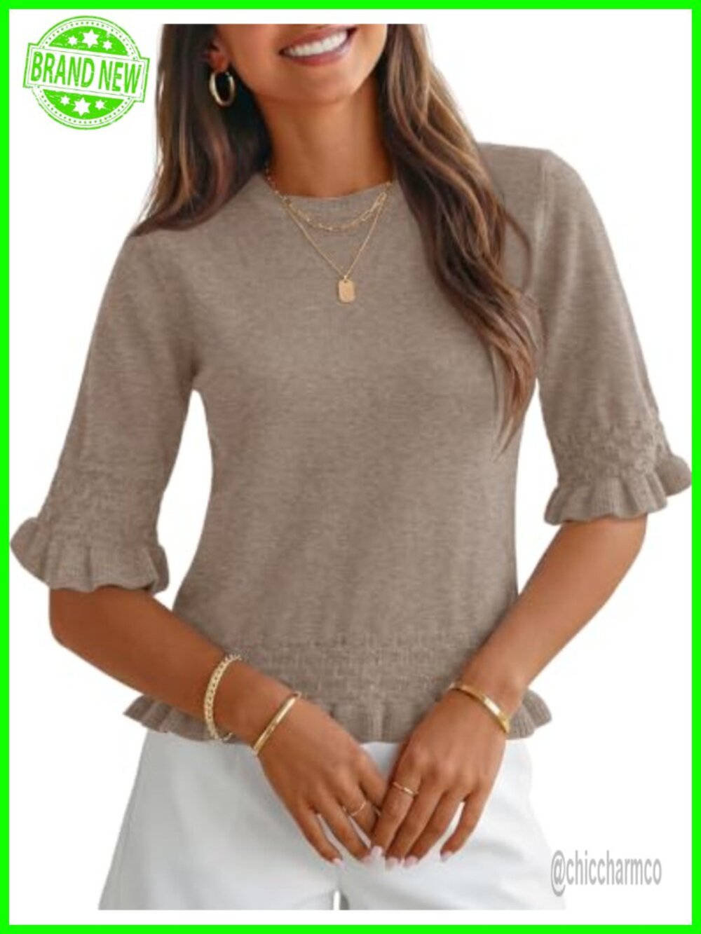 Womens 3/4 Sleeve Peplum Sweater Crewneck Knit Ruffle Hem Pullover Top